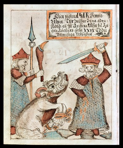 The Norse god Tyr losing his hand to the bound wolf, Fenrir by Icelandic School